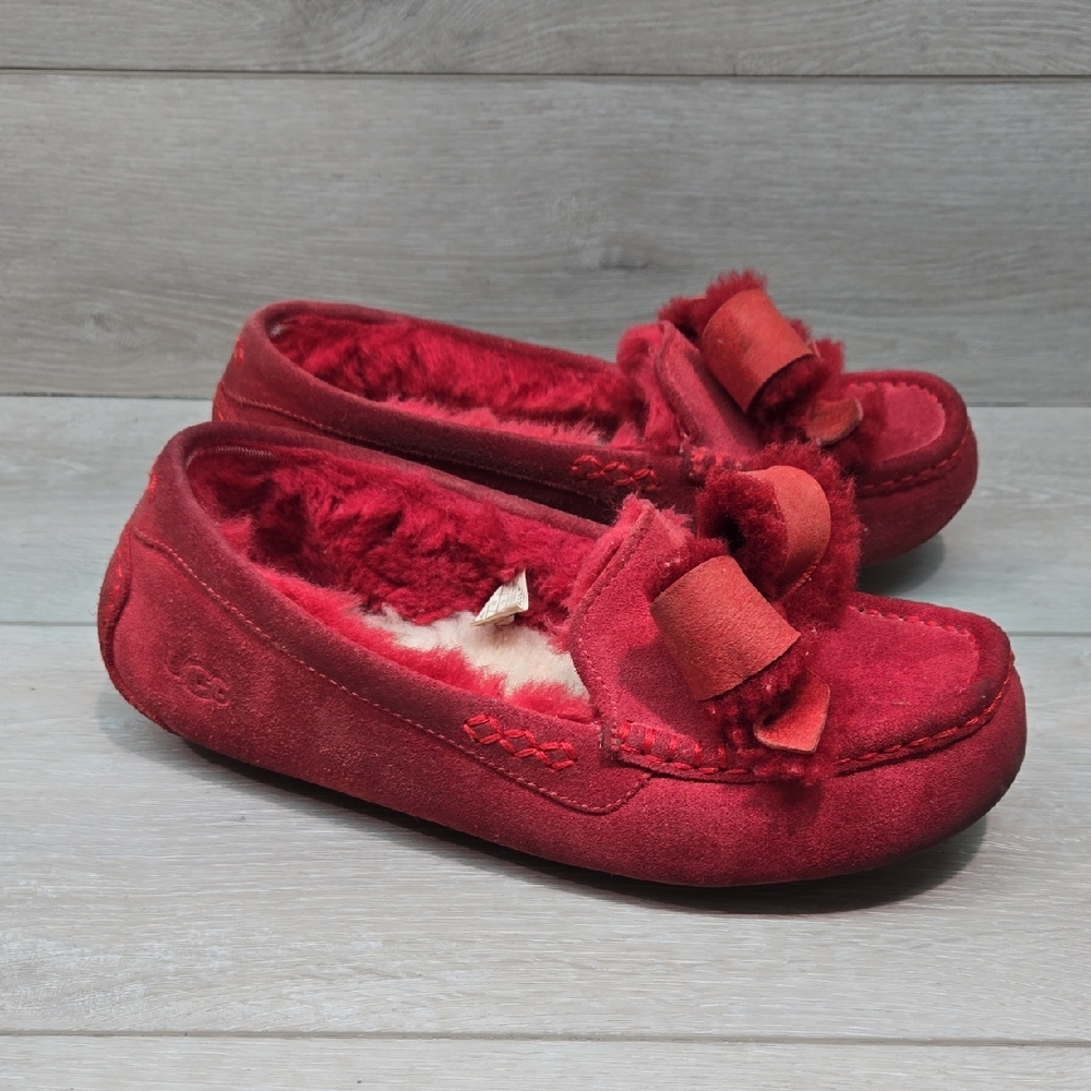 Ugg Australia Women Red Suede Bow Insulated Moccasin Slippers Shoes Sz 8